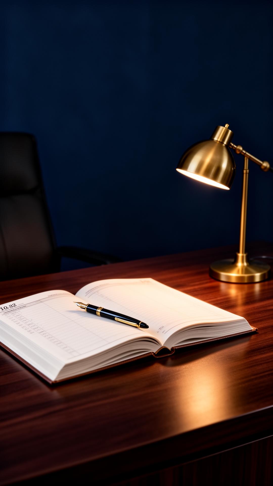 Editorial still life of an open ledger and pen on a dark wood desk
