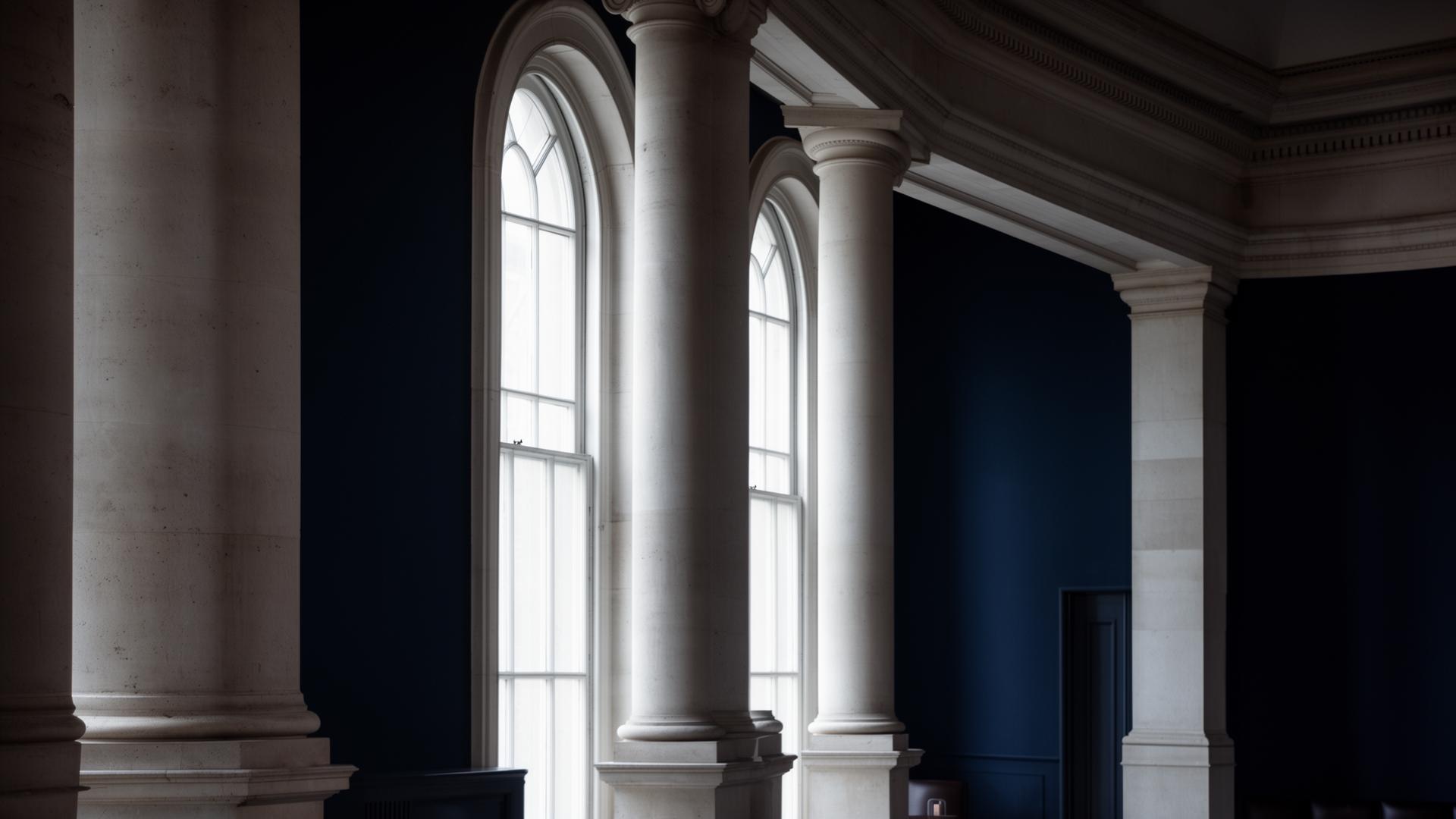 Classical British legal chambers interior with stone columns and morning light